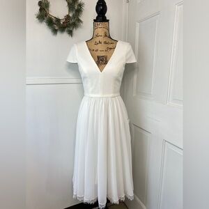 Dress the Population Corey Off White Fit & Flare Chiffon Midi Cocktail Dress